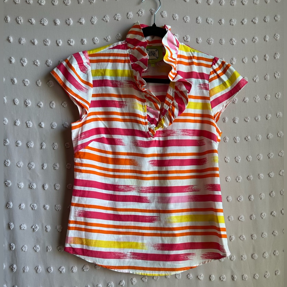 Elizabeth McKay Elizabeth Ruffled Sleeveless Blouse Silk Cotton Blend Sz 4